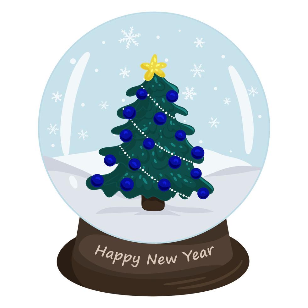 Christmas crystal ball with winter landscape and Christmas tree. Vector illustration isolated white background in cartoon style.