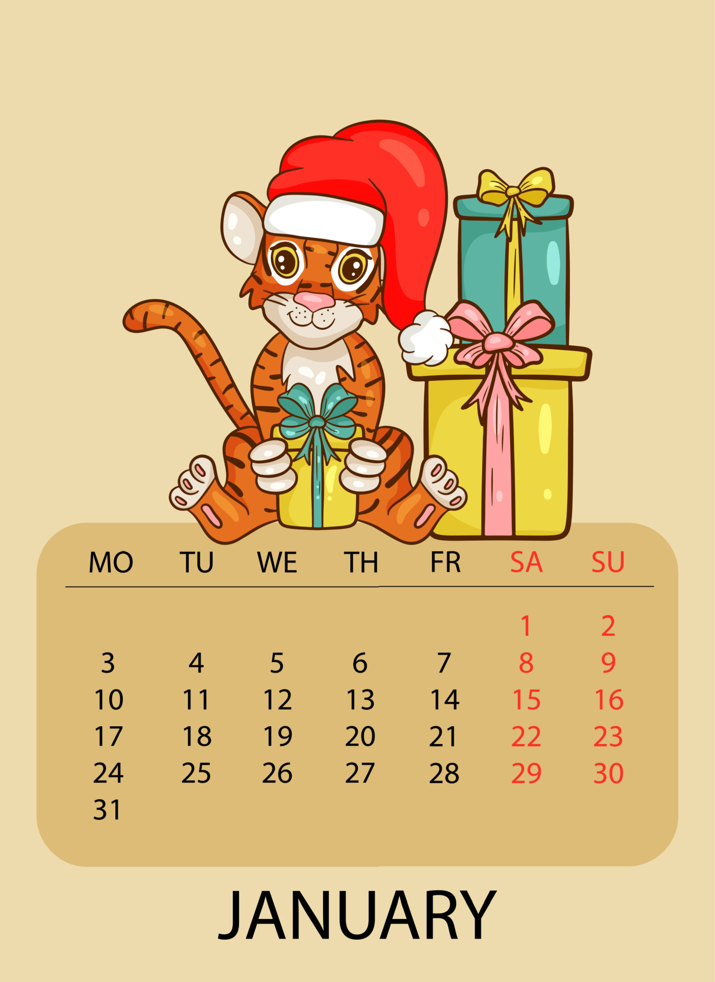 Calendar Design Template For January 2022, The Year Of The Tiger According  To The Chinese Calendar, With An Illustration Of Tiger In Santa Claus Hat  With Gifts. Table With Calendar For January