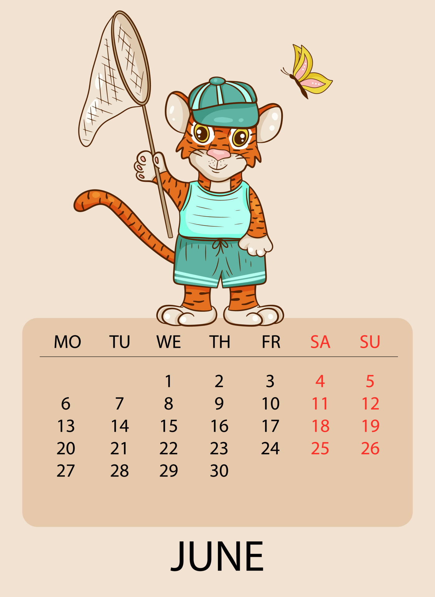Calendar Design Template For June 2022, The Year Of The Tiger According To The Chinese Or Eastern Calendar, With An Illustration Of Tiger With Butterflies. Table With Calendar For June 2022. Vector