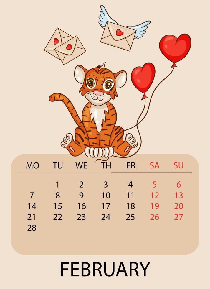 Calendar design template for February 2022 the year of the tiger according to the Chinese calendar, with an illustration of tiger with balls in the form of heart. Table with calendar for February 2022 vector