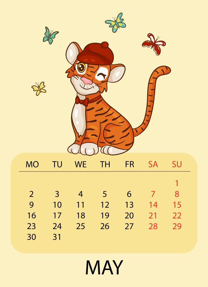 Calendar design template for May 2022, the year of the tiger according to the Chinese or Eastern calendar, with an illustration of tiger with butterflies. Table with calendar for May 2022. Vector