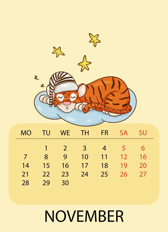 Calendar design template for November 2022, the year of the tiger according to the Chinese calendar, with the image of tiger sleeping on a cloud. Table with calendar for November 2022. Vector