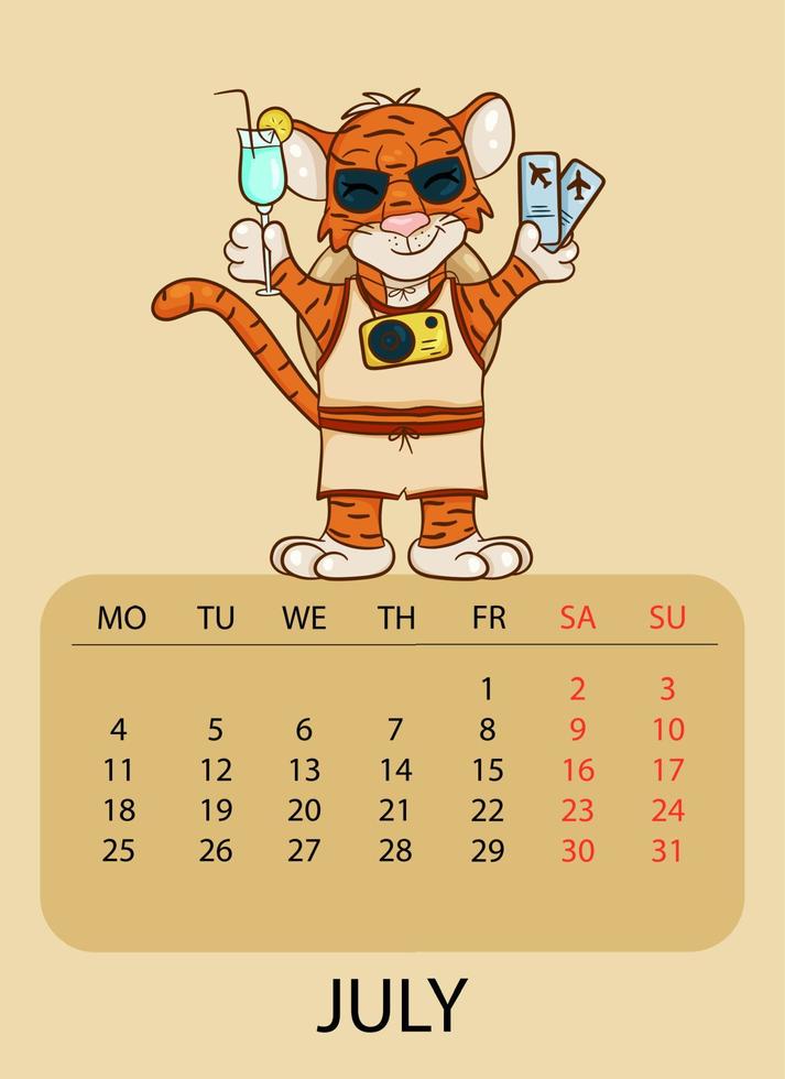 Calendar design template for July 2022, the year of the tiger according to the Chinese or Eastern calendar, with an illustration of tiger with plane tickets. Table with calendar for July 2022. Vector