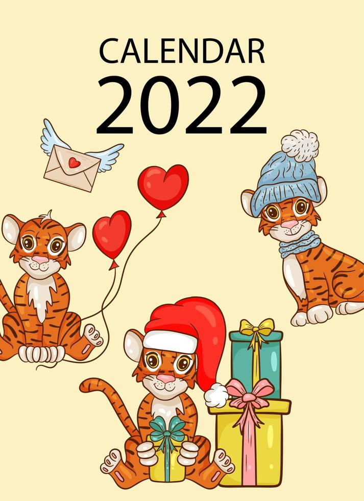 Wall calendar cover design template for the year 2022, the year of the Tiger according to the Chinese or Eastern calendar. Vector illustration cartoon style.