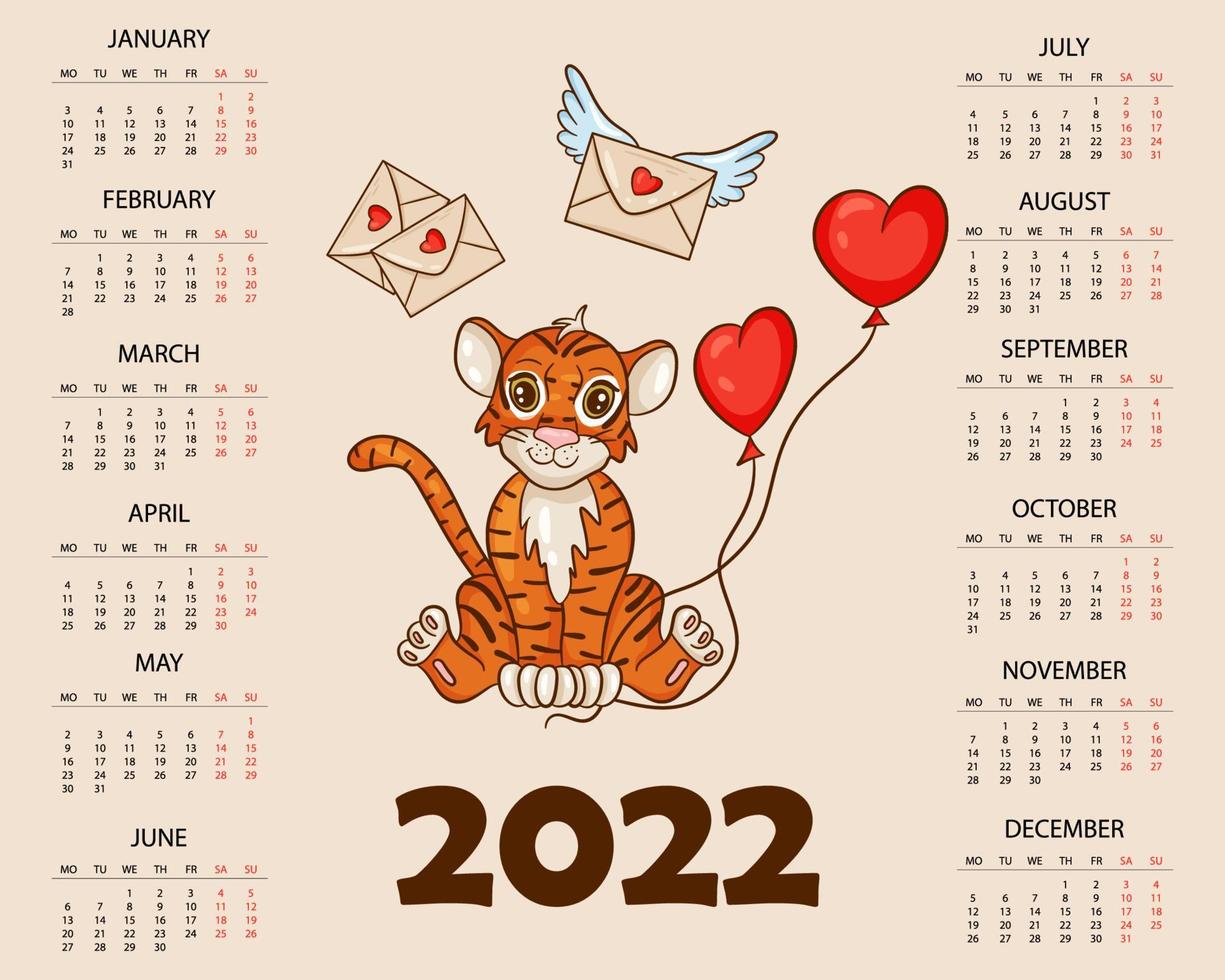 Plantilla de diseño de calendario para marzo de 2022, el año del tigre  según el calendario chino o oriental, con una ilustración de tigre con  hermosa flor. tabla con calendario para marzo