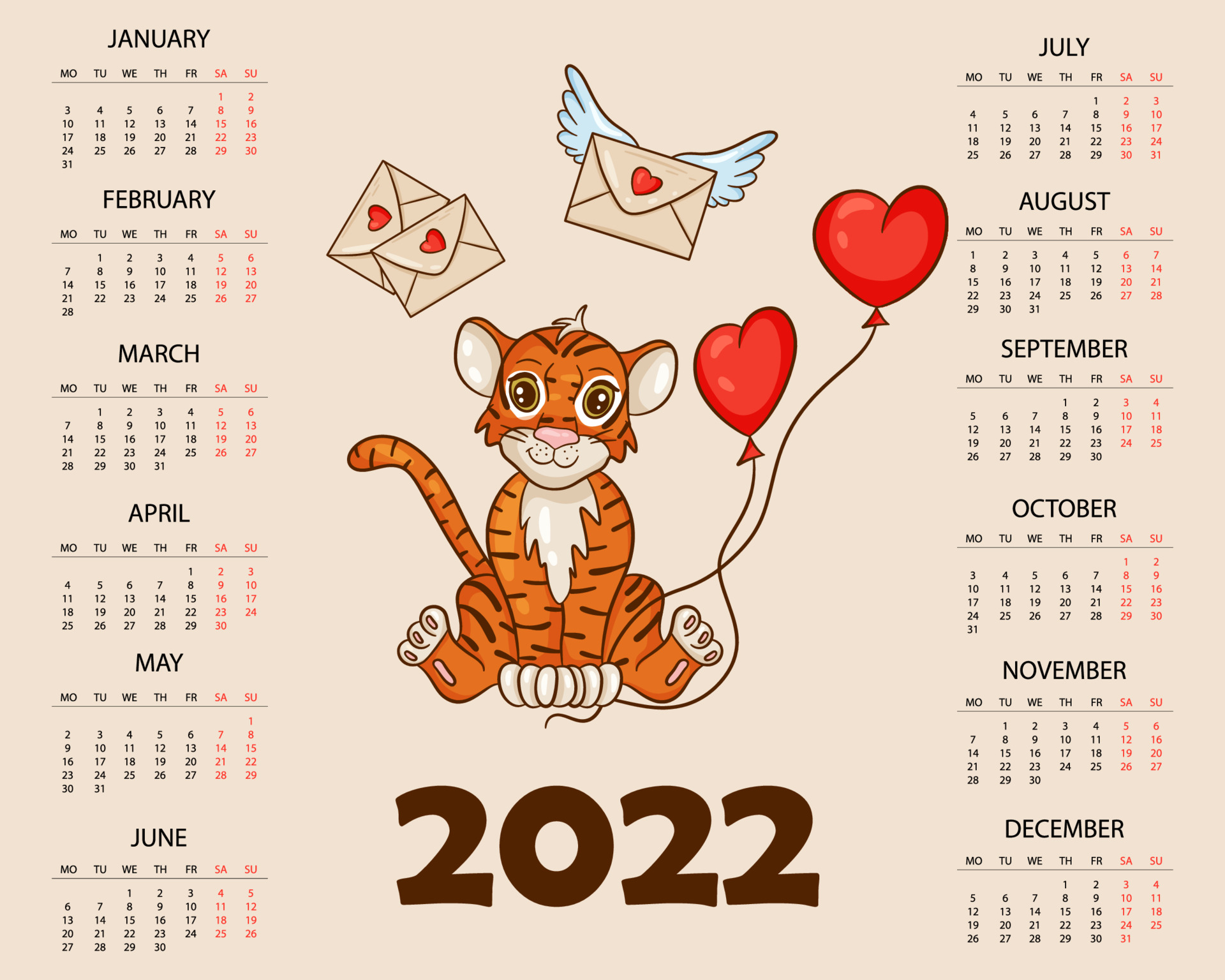 Plantilla de diseño de calendario para 2022, el año del tigre según el calendario  chino o oriental, con una ilustración del tigre. mesa horizontal con  calendario para 2022. vector