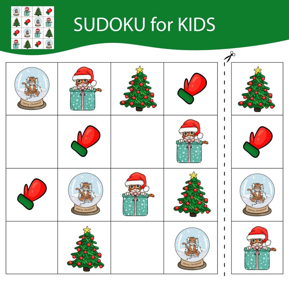 Sudoku game for kids with pictures. Merry Christmas and Happy New Year. The tiger is a symbol of the Chinese New Year with Christmas elements. Vector. vector