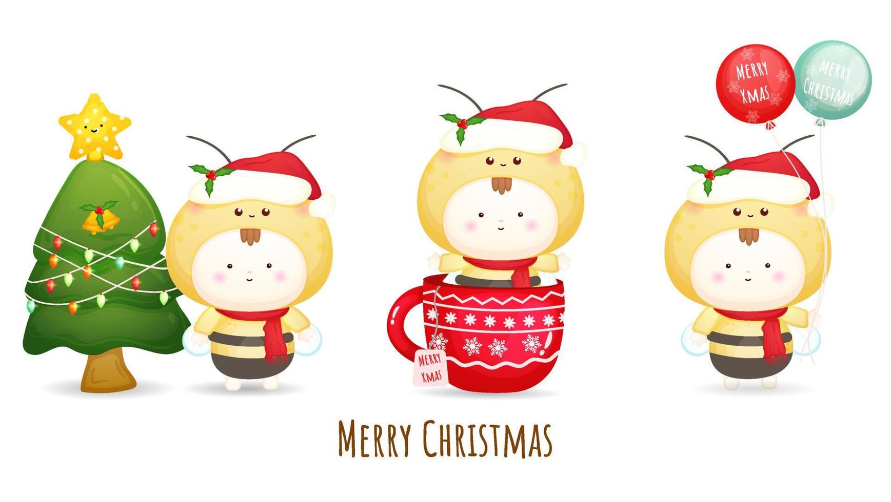 lindo bebé con sombrero de santa para la ilustración de feliz navidad con diferentes poses vector premium