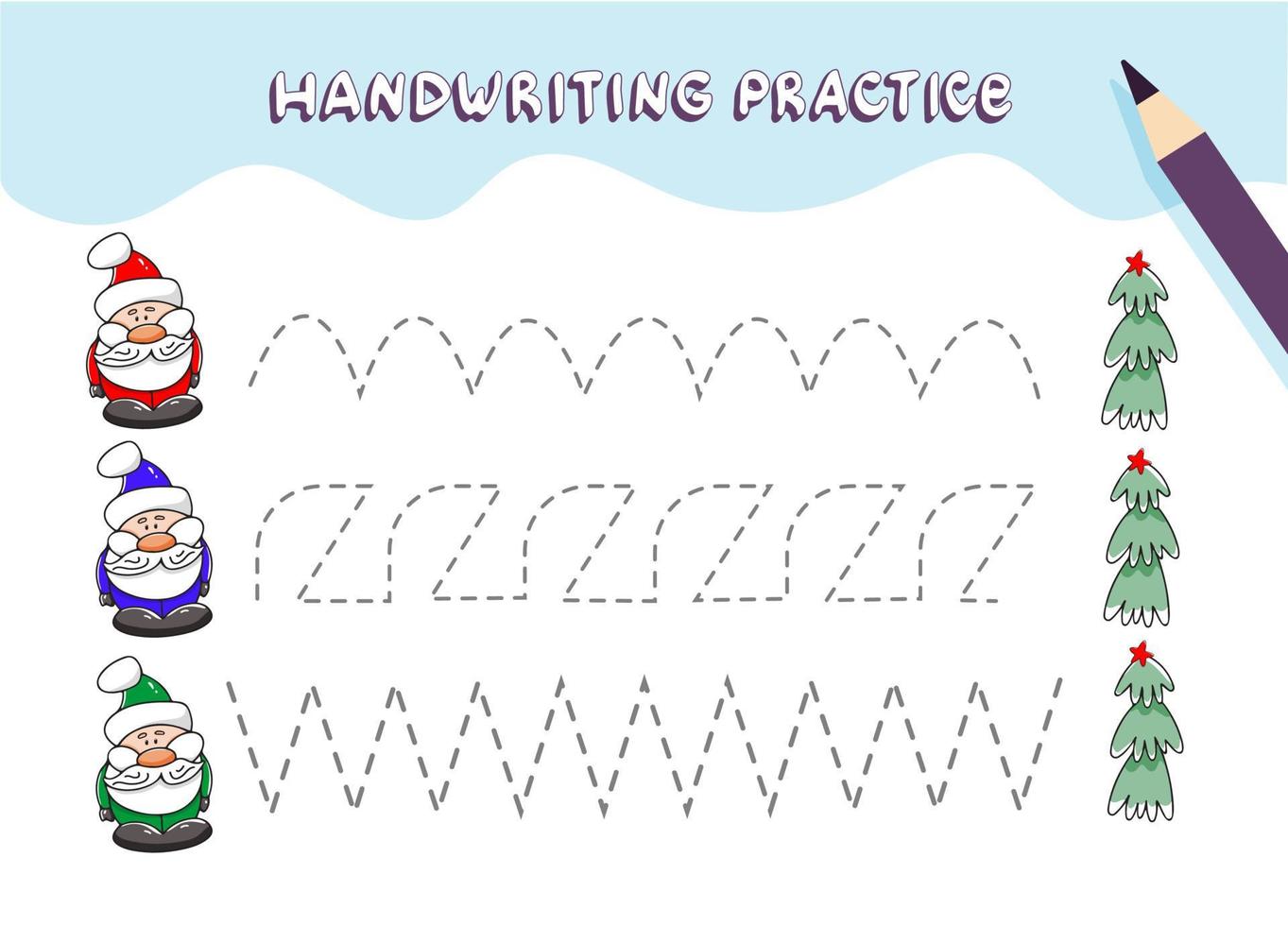 Handwriting practice for preschool children. Tracing lines with colorful Santa Claus and Christmas tree. vector