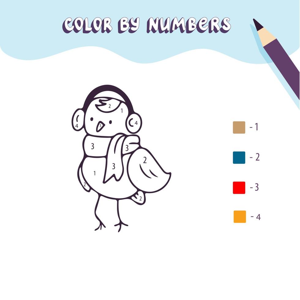 Coloring page with cute little bird. Color by numbers. Educational kid game, drawing childrens activity, printable worksheet. vector