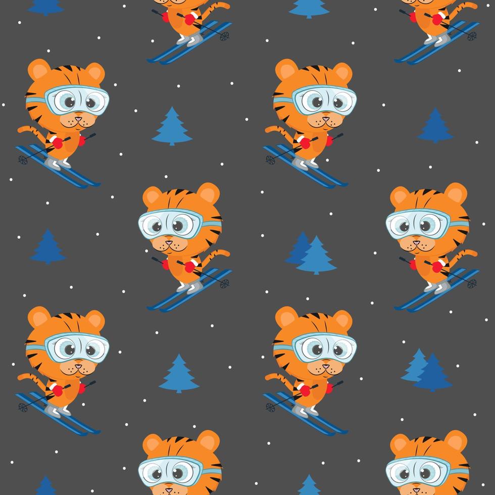 Seamless pattern with a tiger on skis and a Christmas tree vector