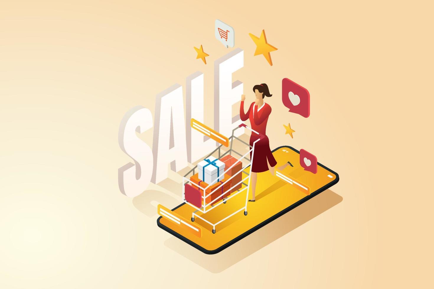 Woman happy shopping online. vector