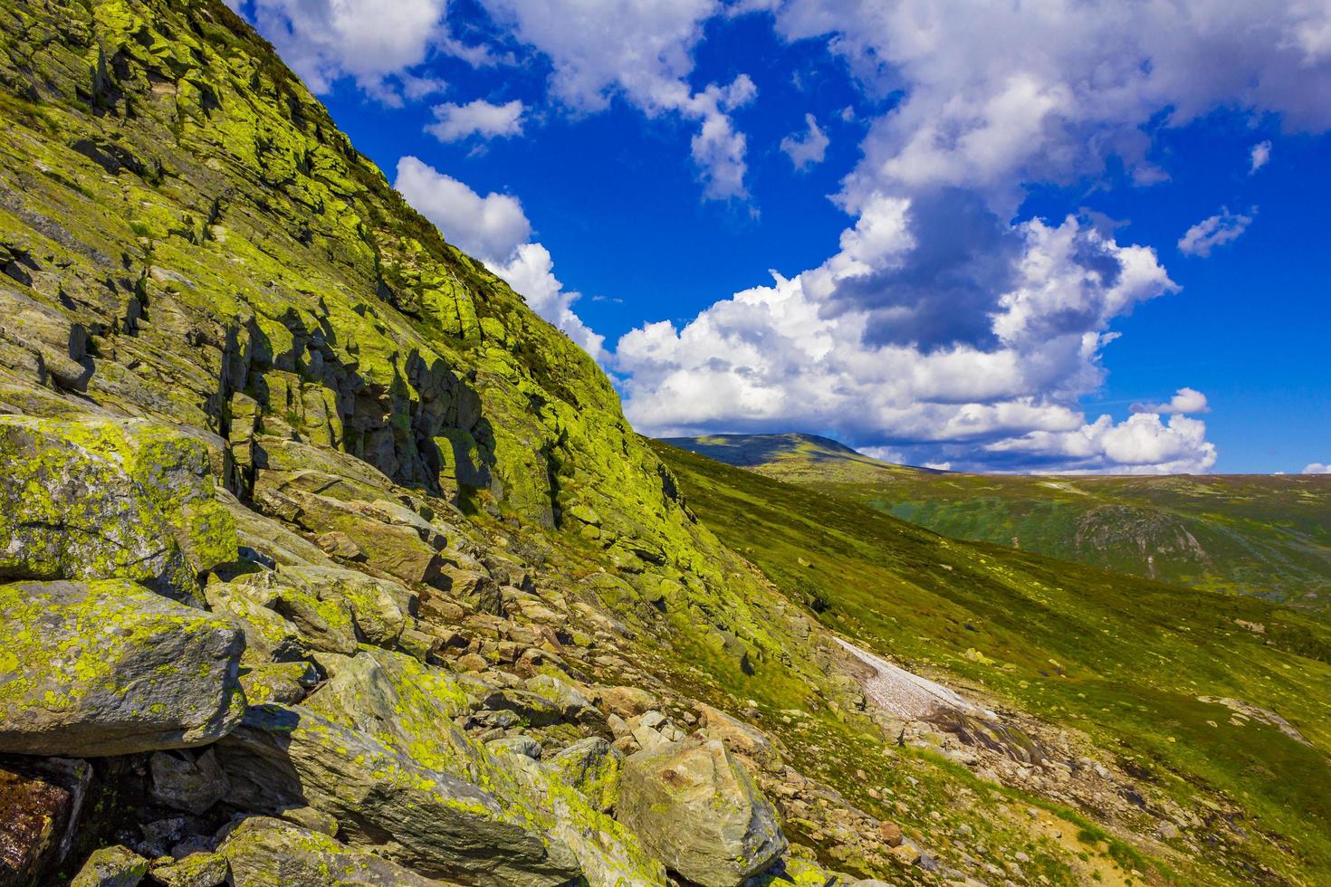 Amazing Norway norwegian landscape boulders at summit top of mountain photo