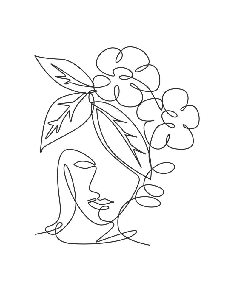 One continuous line drawing minimalist beauty nature cosmetic hairstyle. Flower bouquet in woman head abstract face concept. Wall decor print. Single line art draw design graphic vector illustration