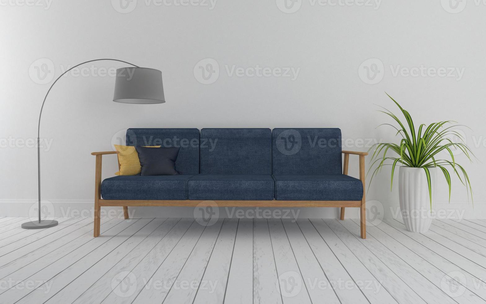 Realistic Mockup of 3D Rendered of Interior of Modern Living Room with Sofa - Couch and Table photo