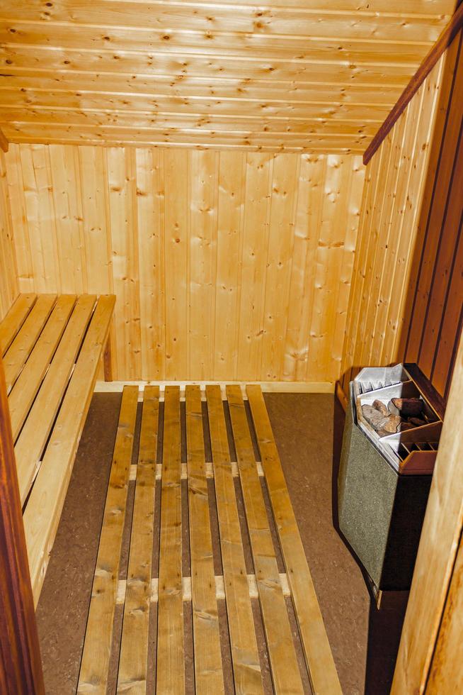 Cottage vacation interior decoration. Typical wooden sauna in Norway photo