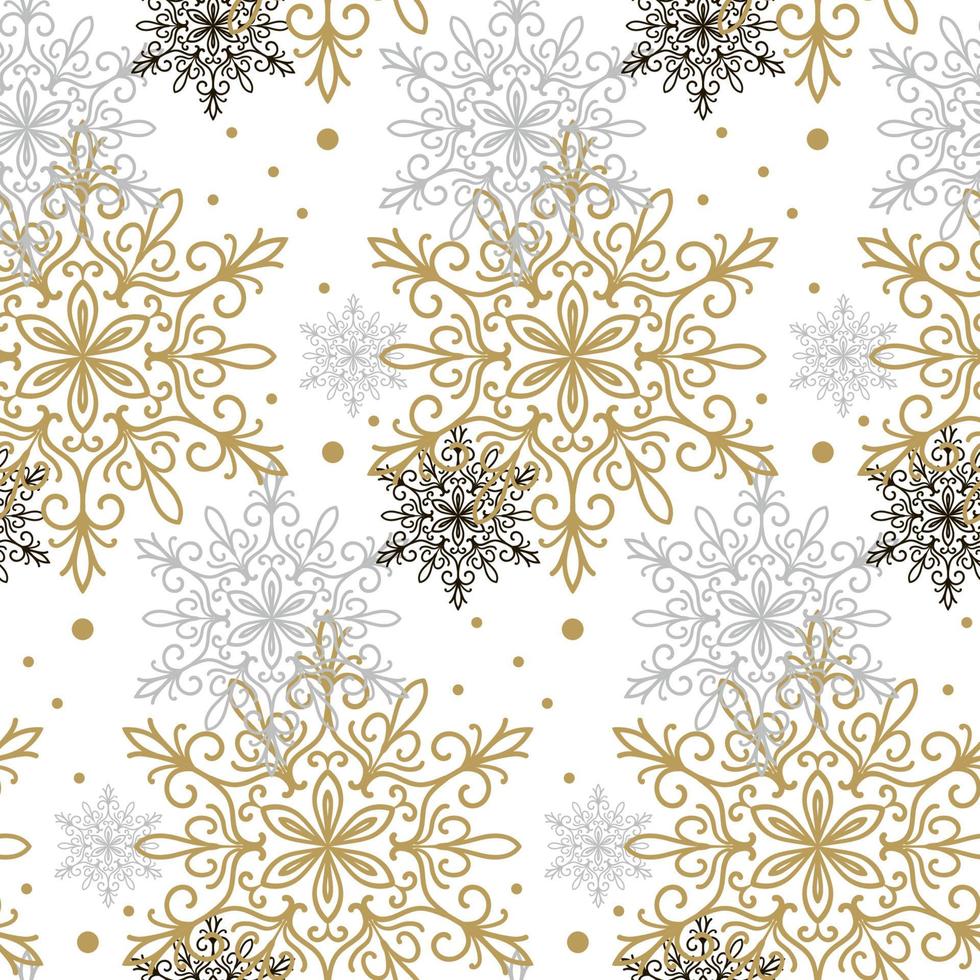 patrón sin fisuras con copos de nieve dorados, negros y grises aislados sobre fondo blanco. diseño navideño. podría usarse para papel de regalo, estampados, telas, textiles, diseño web vector