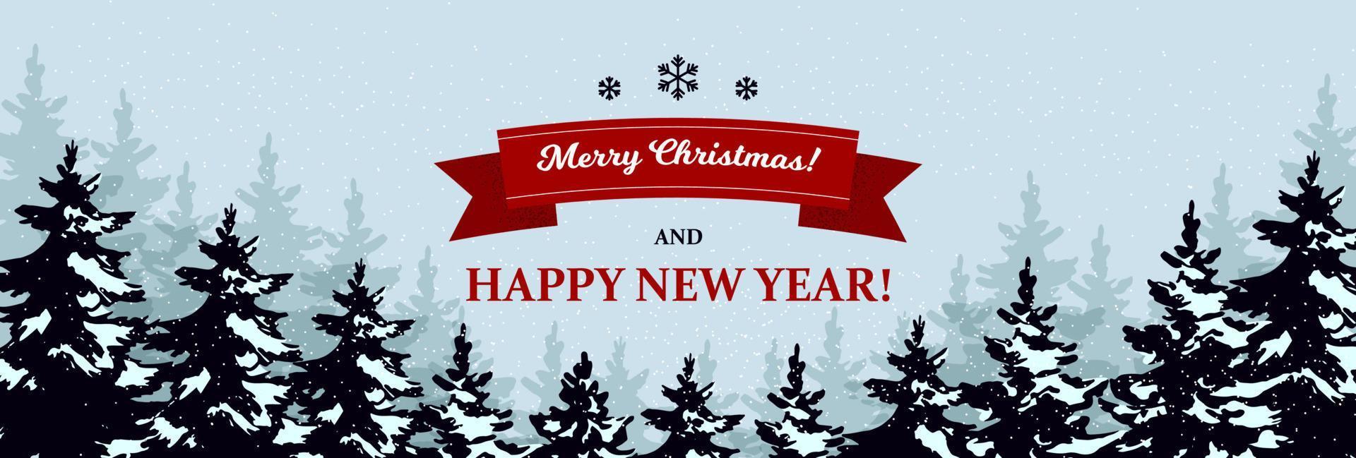 hermosa tarjeta de felicitación de Navidad horizontal en estilo retro con árboles de Navidad y letras. lugar para el texto. ilustración vectorial con elementos dibujados a mano. vector