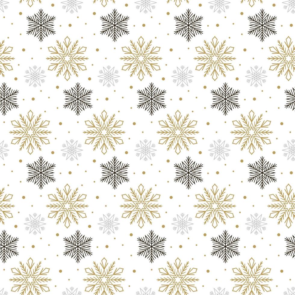 patrón sin fisuras con copos de nieve dorados, negros y grises aislados sobre fondo blanco. diseño navideño. podría usarse para papel de regalo, estampados, telas, textiles, diseño web vector