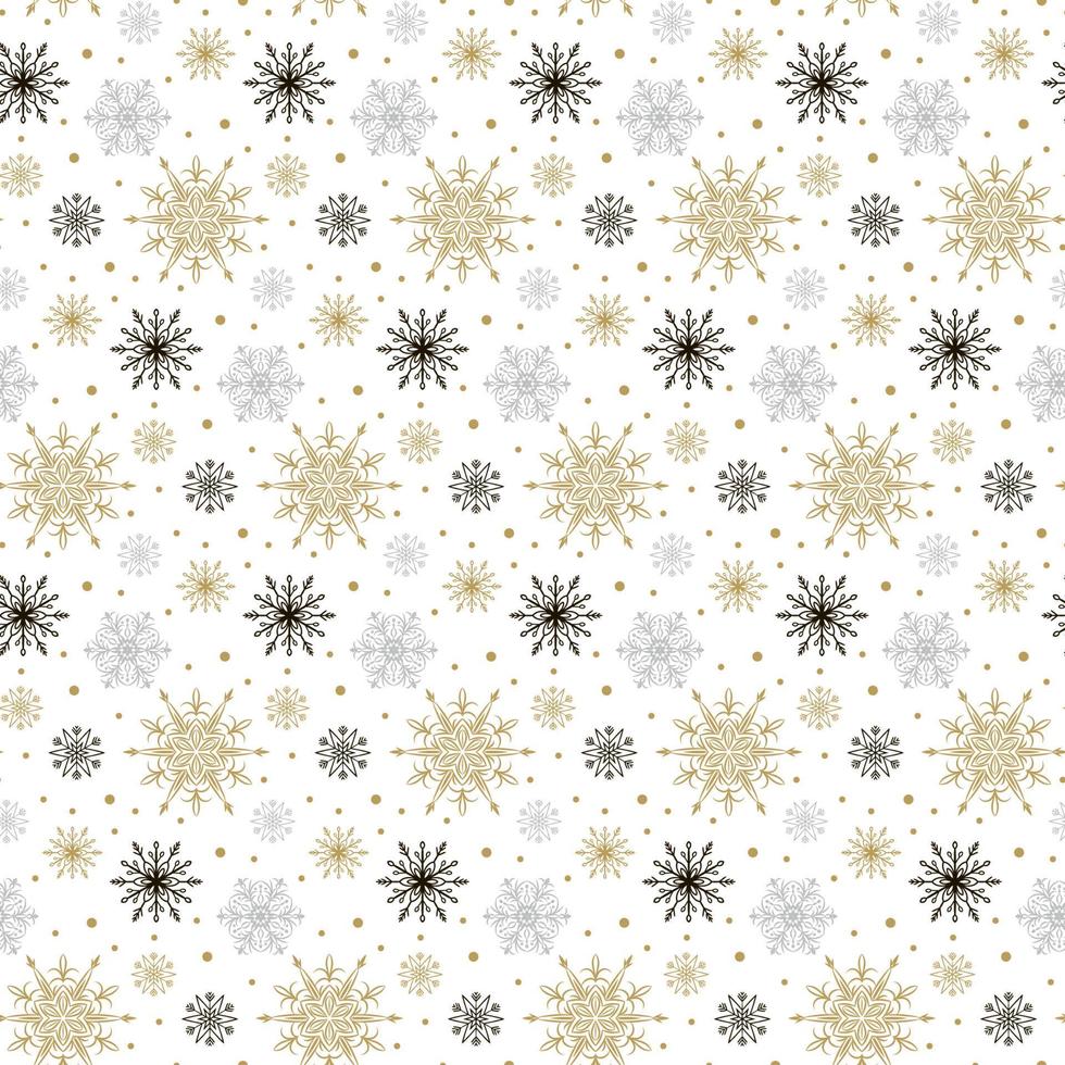 Seamless pattern with gold, black and gray snowflakes isolated on white background. Christmas design. Could be used for gift wrapping paper, prints, fabrics, textiles, web design vector