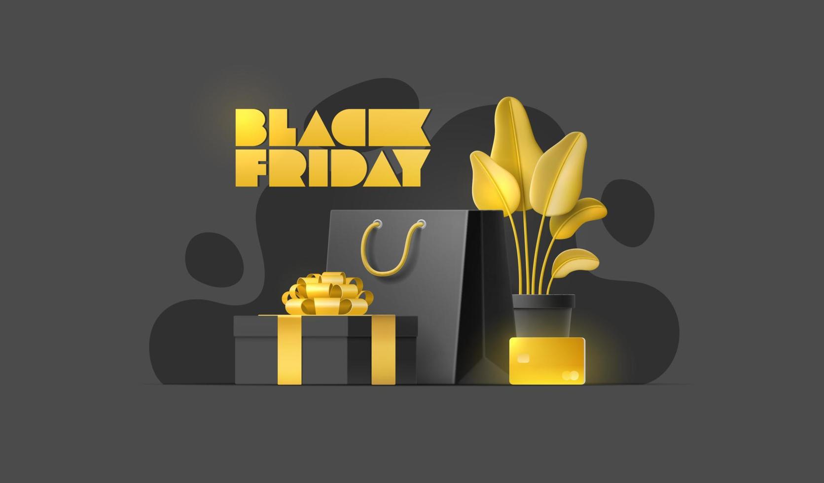 BLACK FRIDAY sale banner with shopping bag, plant, gold card, gift box on isolated background. Group of 2D objects for website, mobile app, social media, advertising, promotion, flyer, discount store. vector