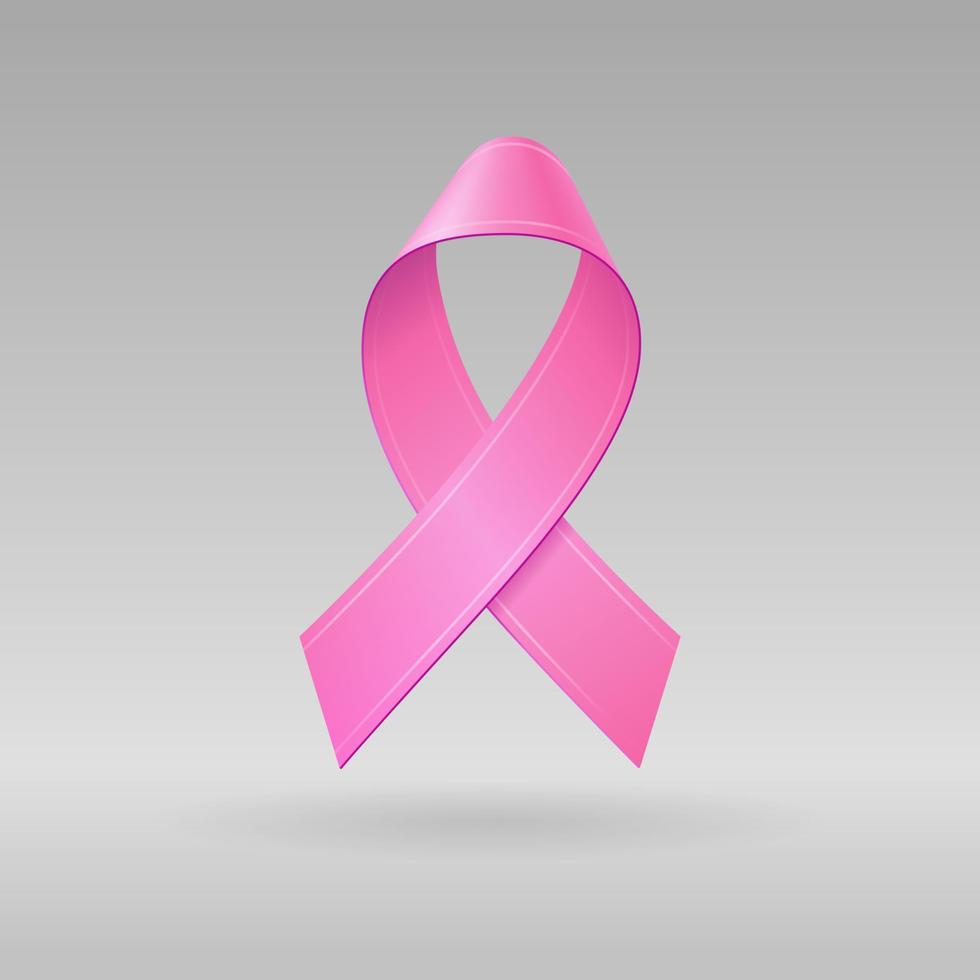 Realistic Pink Ribbon on isolated light gray background. Breast cancer awareness symbol in october. Template for banner, poster, invitation, flyer. Vector illustration.