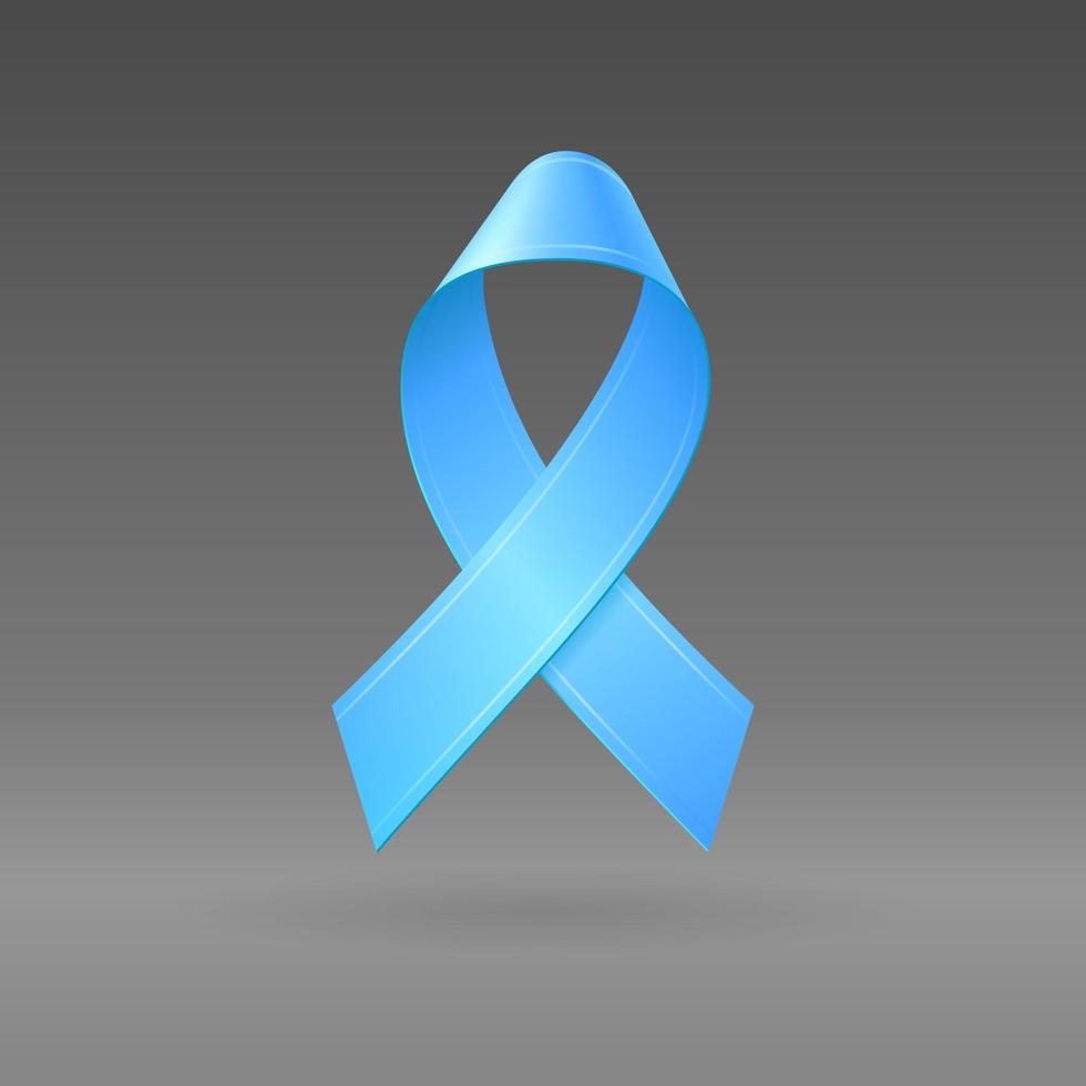 Realistic 3d illustration blue ribbon on dark gray isolated background. Prostate cancer awareness symbol. Editable vector template for design. 3d icon.