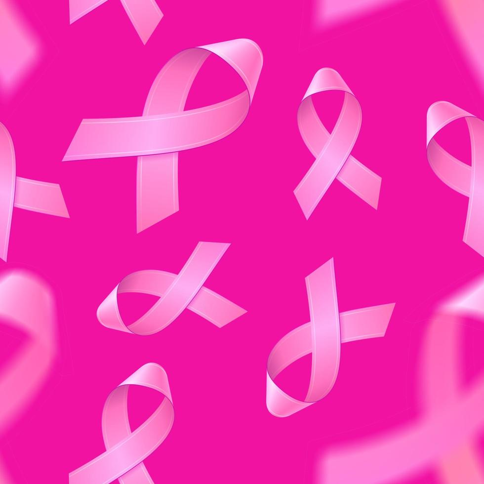 Seamless pattern with realistic pink ribbons on pink background. Breast cancer awareness symbol in october. Template for banner, poster, invitation, flyer. vector