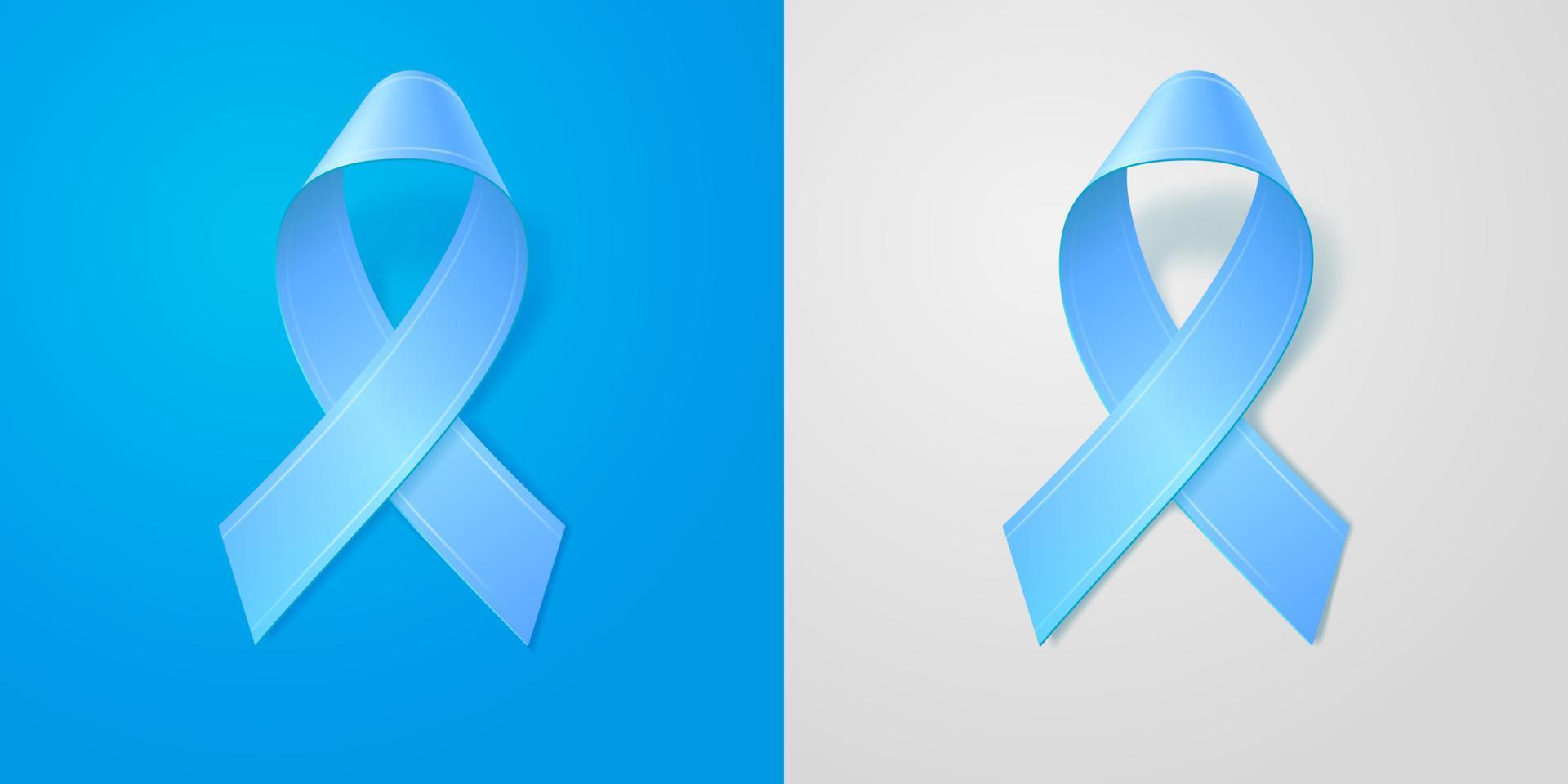 Realistic illustration blue ribbon with soft shadow on blue and gray isolated background. Prostate cancer awareness symbol. Editable vector template for design. 3d icon.
