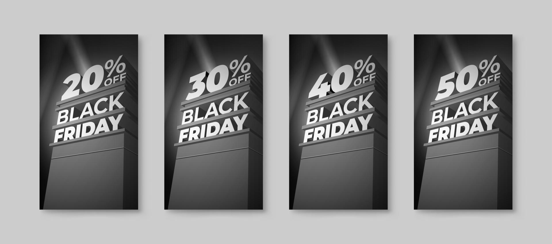 Set of vertical monochrome illustrations for sale and discount BLACK FRIDAY with volumetric letters. Twenty, thirty, forty, fifty percent off. Vector template for flyer, shop, business, cards, ad.