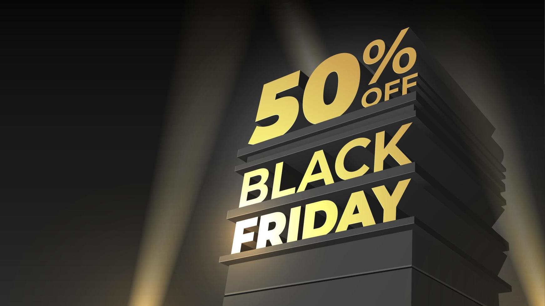 Illustration for sale and discount BLACK FRIDAY with 3d letters, building and spotlight on night sky background. 50 fifty percent OFF. Vector template for flyer, shop, business, promo, advertising.