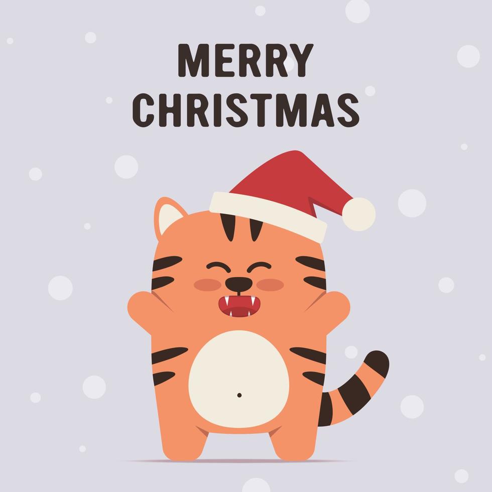 Cute little tiger character in flat style. Zodiac symbol of the Chinese New Year 2022. Merry Christmas. For banner, postcard, brochure decor template. Vector illustration.