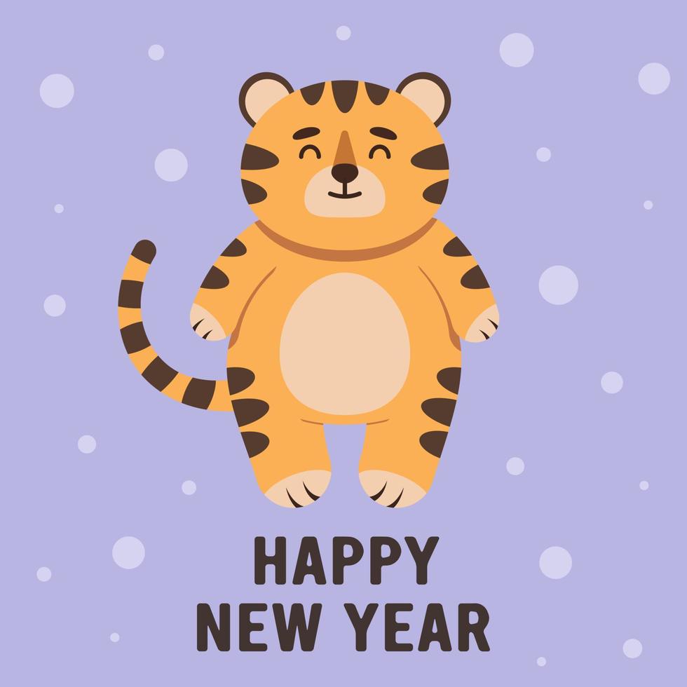 Cute little tiger character in flat style. Zodiac symbol of the Chinese New Year 2022. Merry Christmas. For banner, postcard, brochure decor template. Vector illustration.