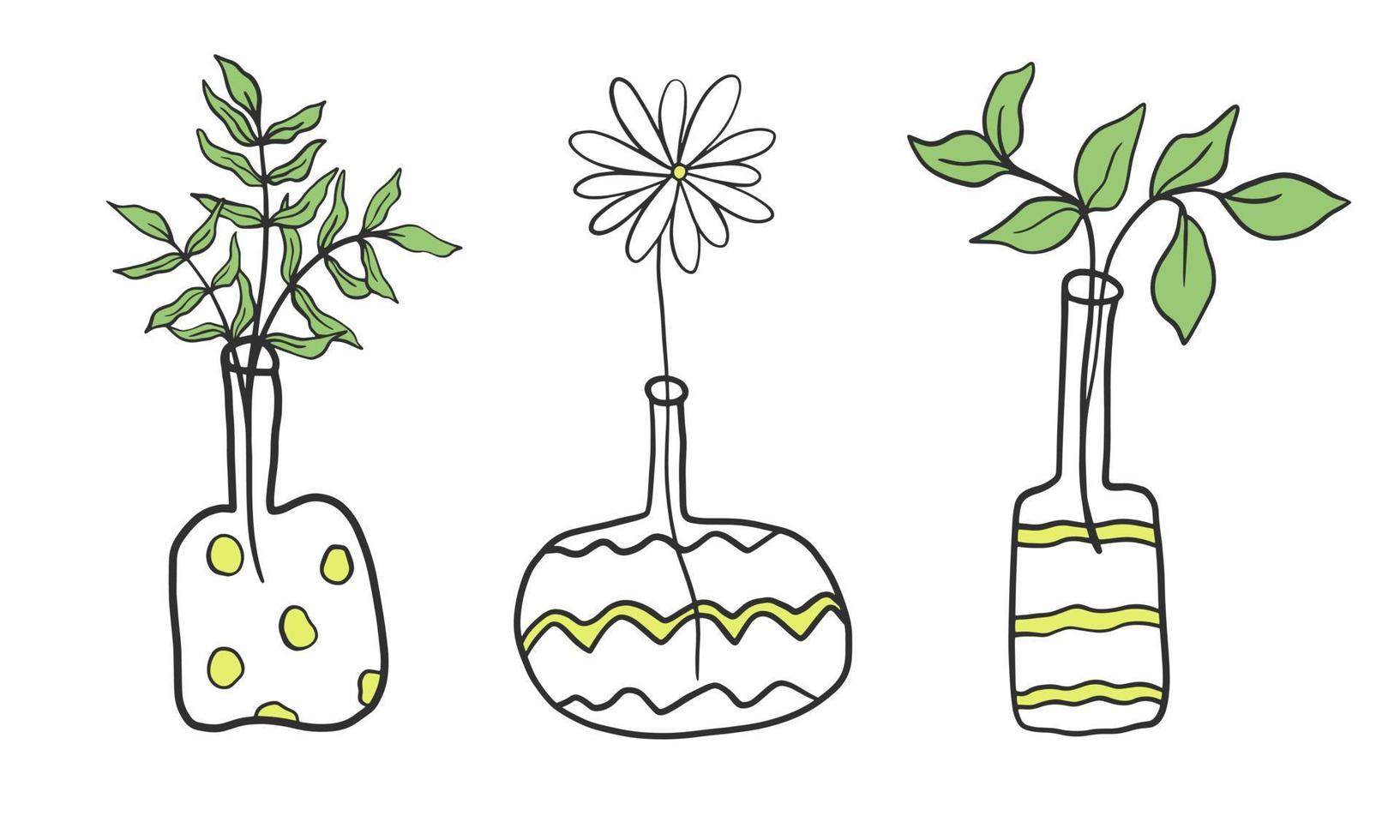 jarrones con flores y ramas frondosas estilo doodle vector