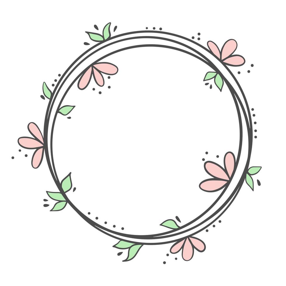 guirnalda circular con flores rosas y hojas de doodle. vector