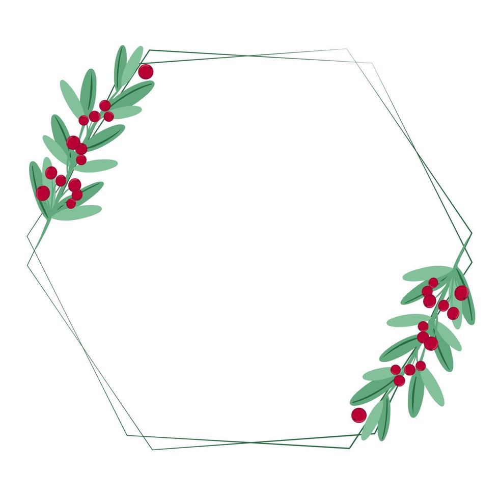 Beautiful Christmas polygonal frame with red berries and leaves vector illustration