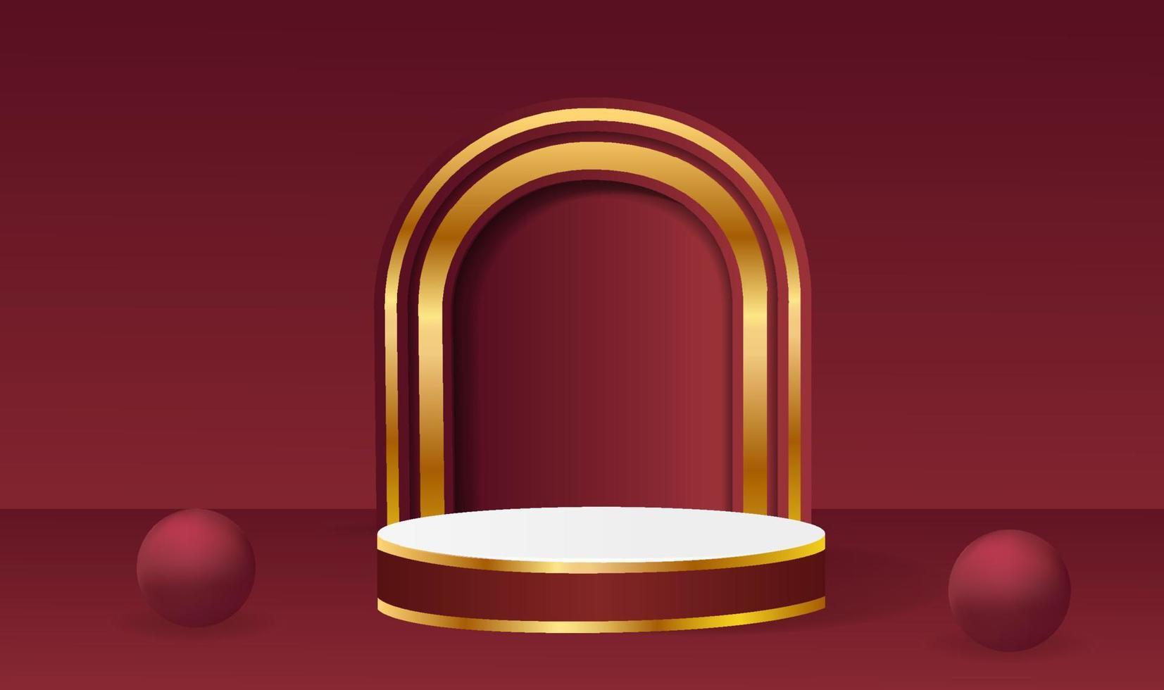 Abstract vector rendering 3d shape for placing the product with copy space. Modern red and gold round podium with geometric background