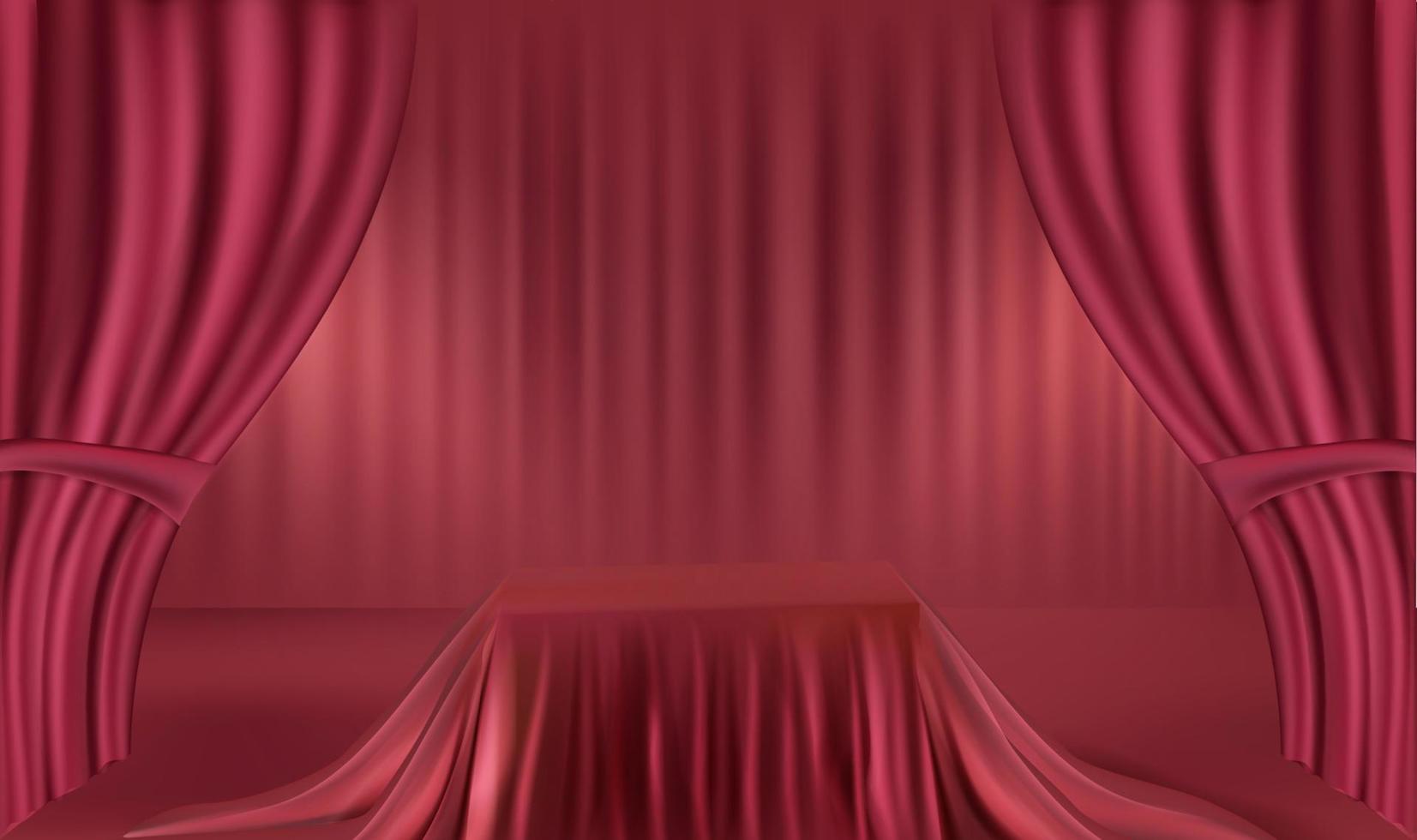 Podio realista rojo con cortina roja, exhibición de productos, presentación, publicidad. vector