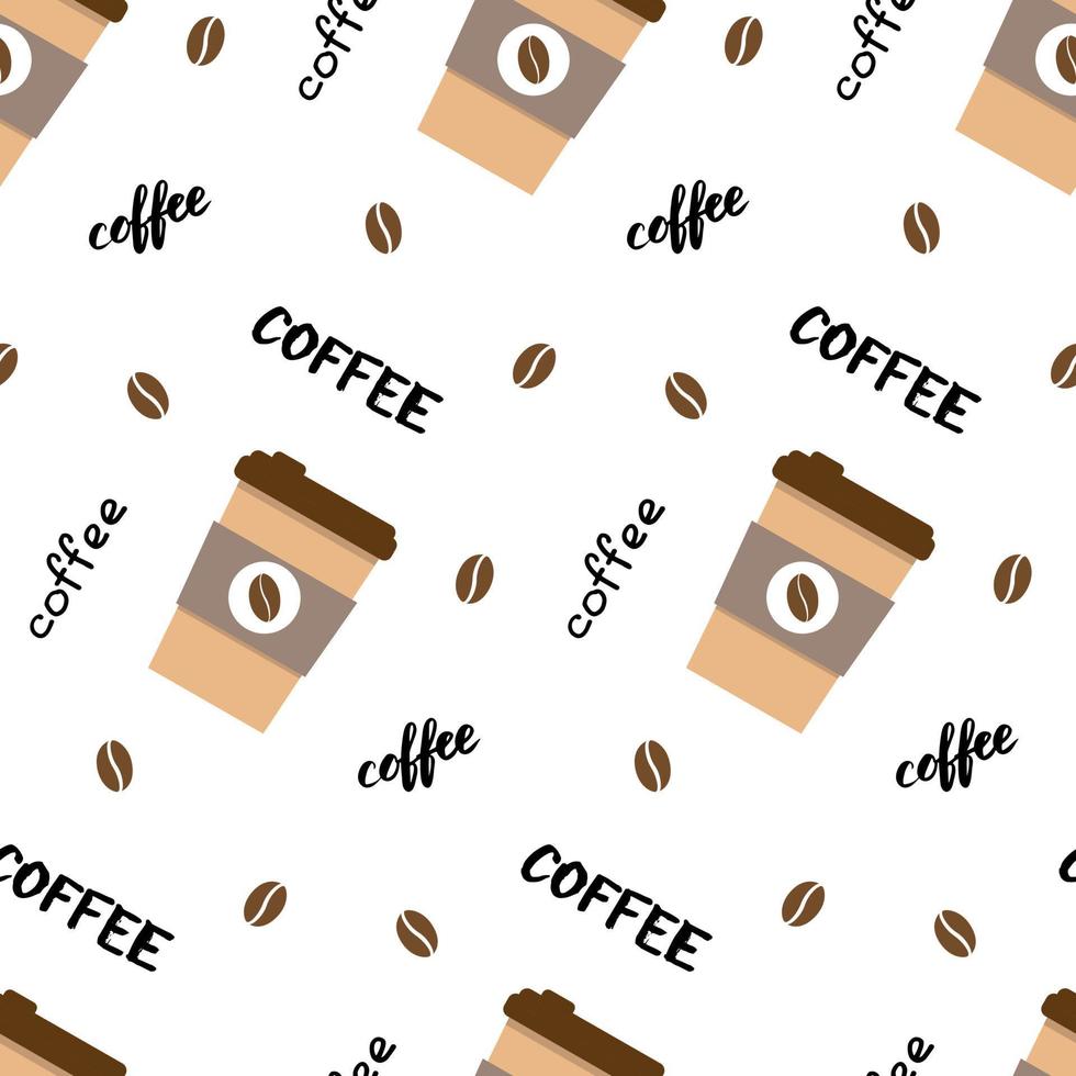 Vector seamless pattern with coffee cup, lettering and beans. Beautiful print in pastel tones. Background for textile, clothes, coffee shops, cafe and decor. Cute illustration