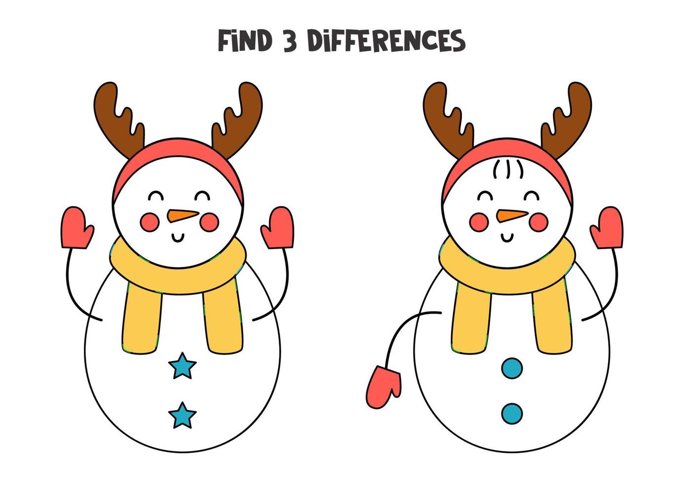 Encuentra 3 diferencias entre dos muñecos de nieve de dibujos animados. vector