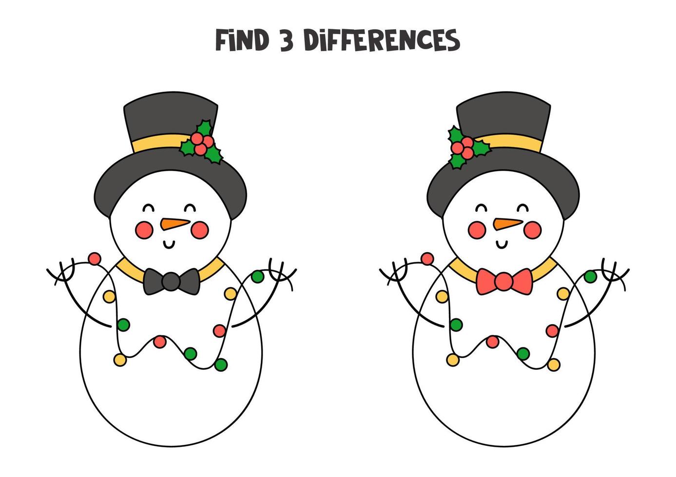 Find 3 differences between two cartoon snowmen. vector