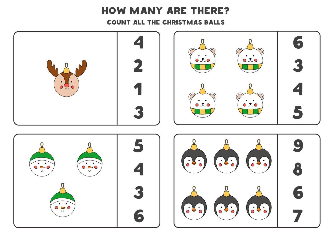 Counting game with Christmas balls. Educational worksheet. vector