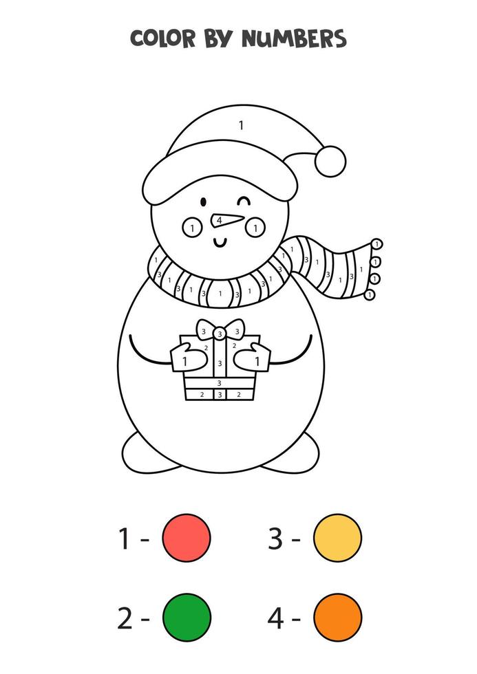 Color cute cartoon snowman by numbers. Worksheet for kids. vector
