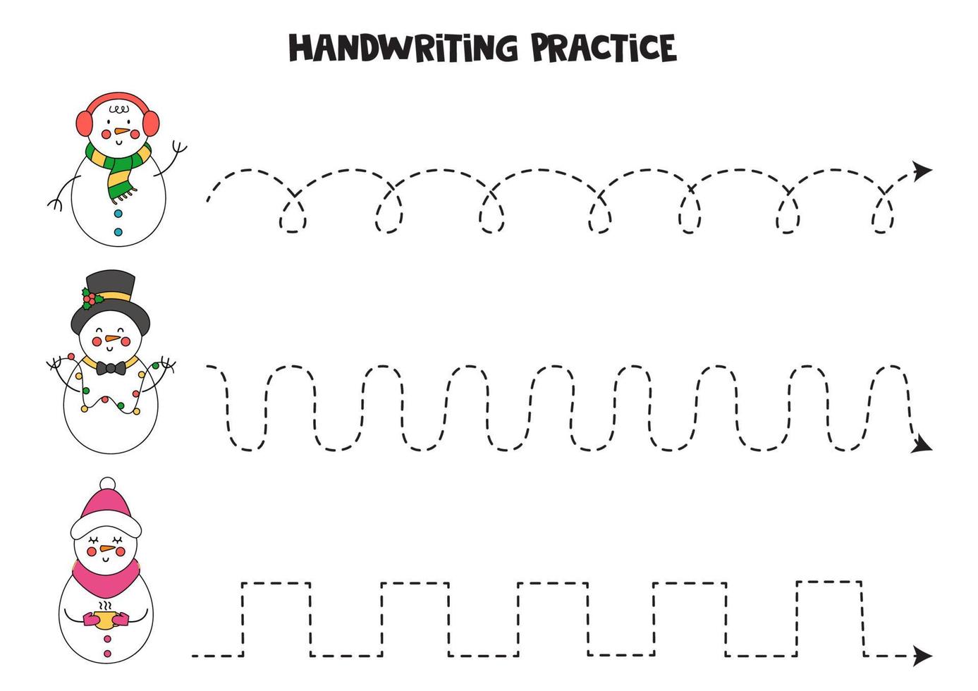 Tracing lines with cute cartoon snowmen. Writing practice. vector