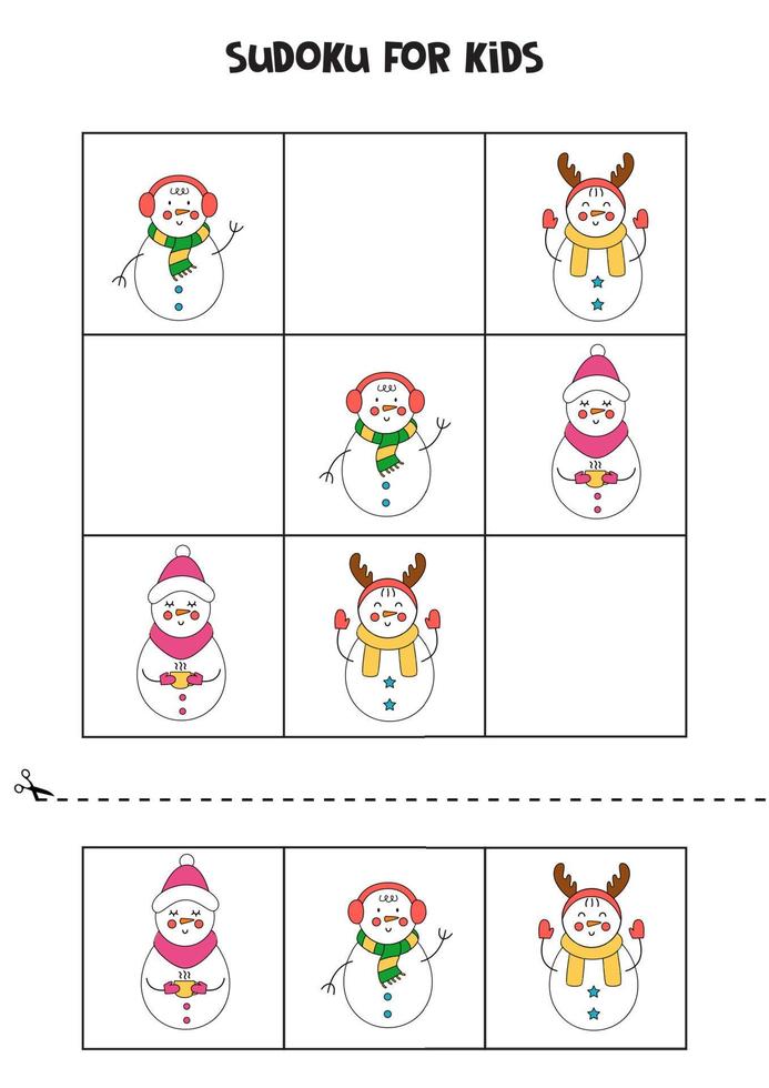 juego de sudoku para niños con muñecos de nieve de dibujos animados. vector