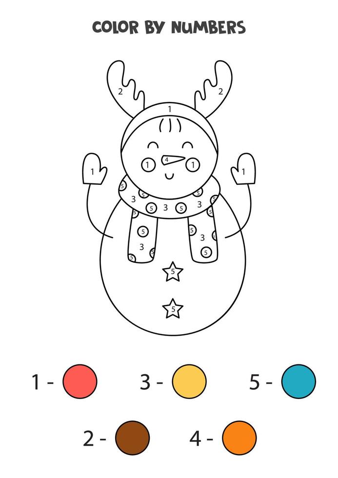 Color cute cartoon snowman by numbers. Worksheet for kids. vector