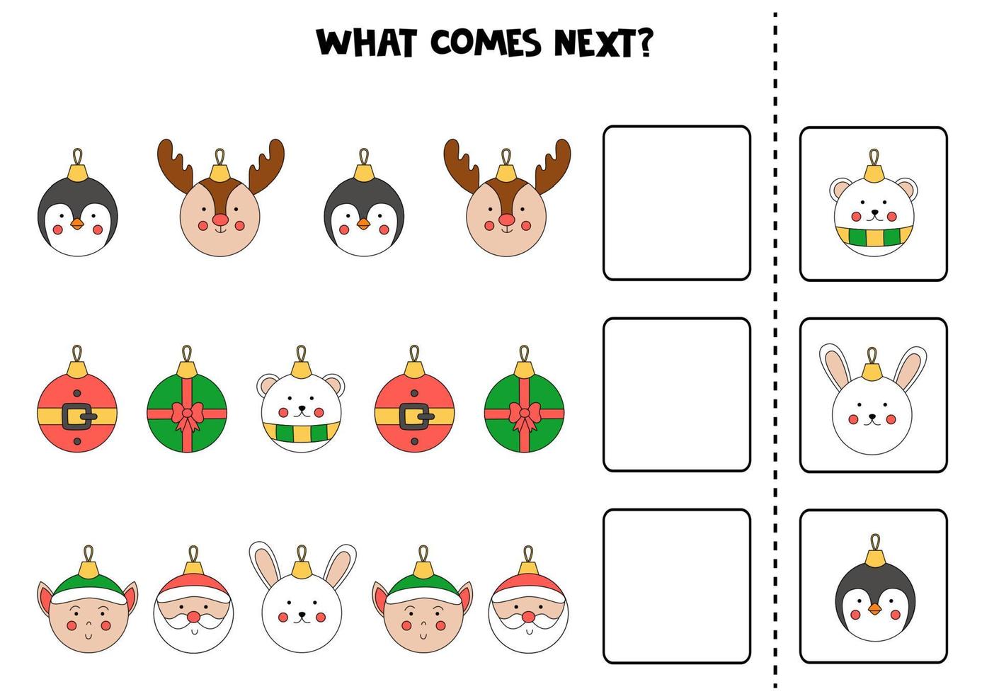 What comes next game with cute Christmas baubles. vector