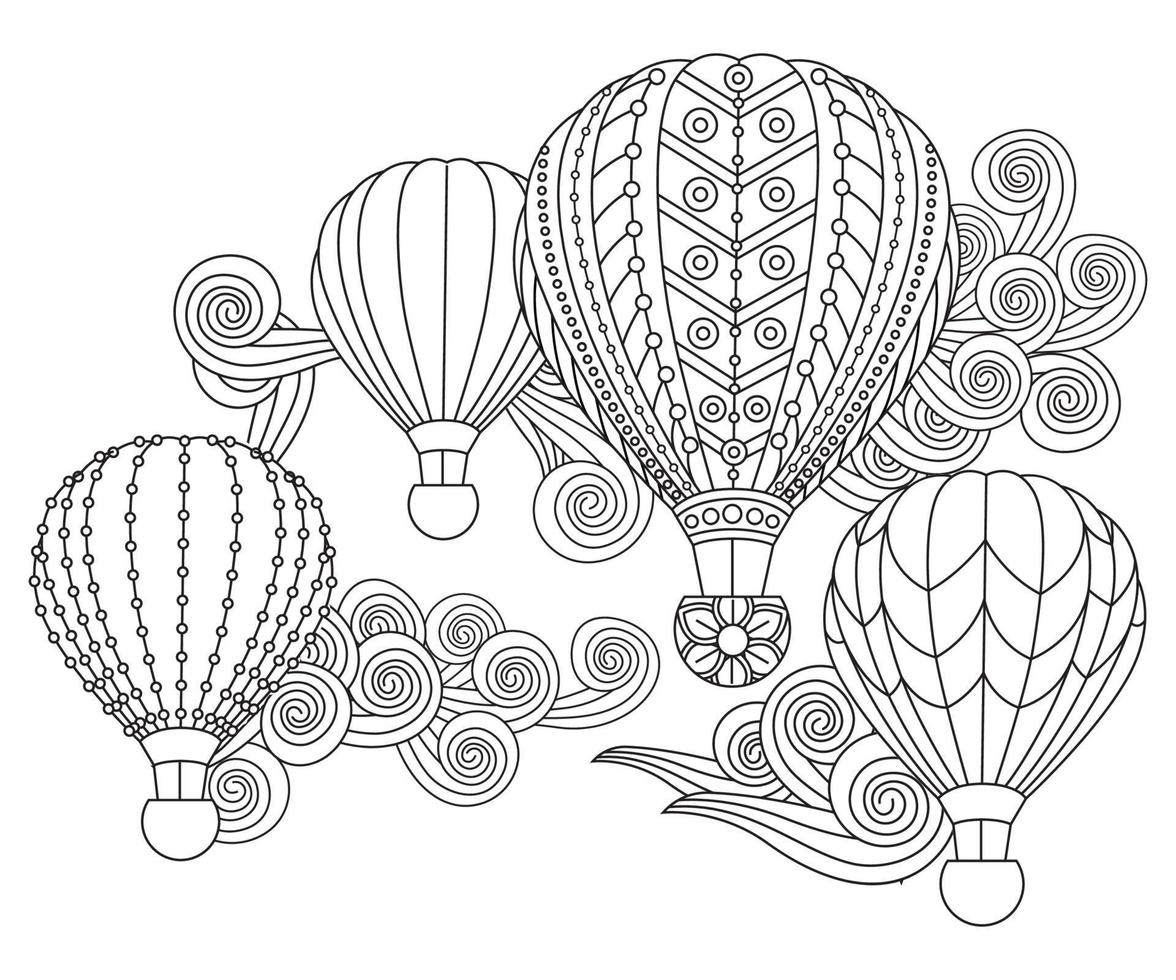 Hot air balloons in doodle style. Coloring book page for adult and