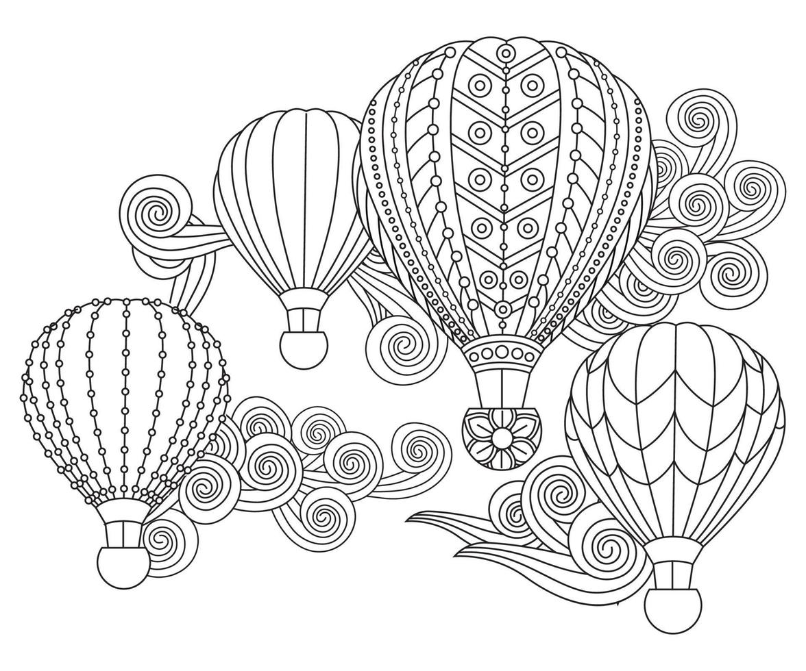 Globos de aire caliente en estilo doodle. Página de libro para colorear para adultos y niños mayores. vector