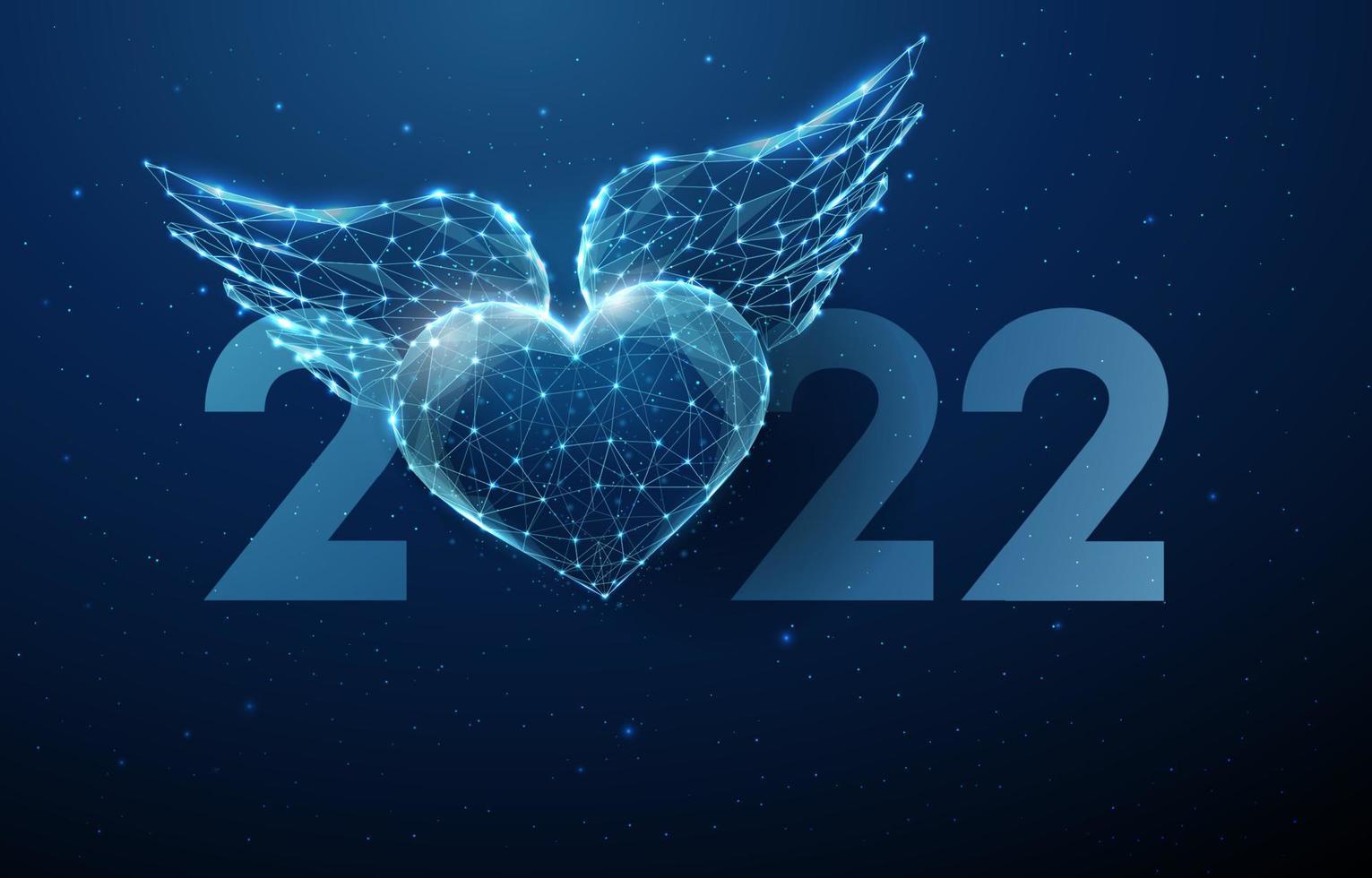 Abstract Happy 2022 New Year greeting card with flying blue heart with wings. vector